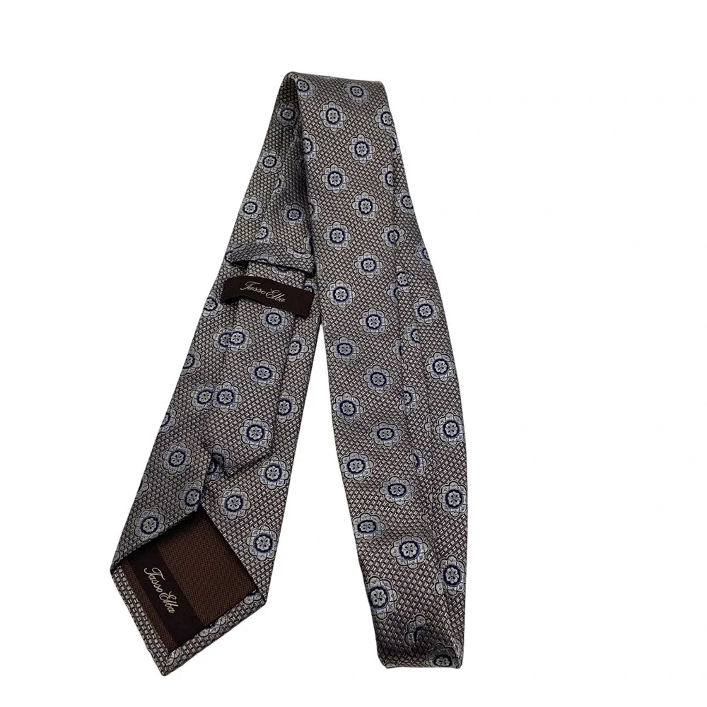 Tasso Elba Mens Silk Tie Brown Blue Geometric Floral Medallion‎ Classic Necktie